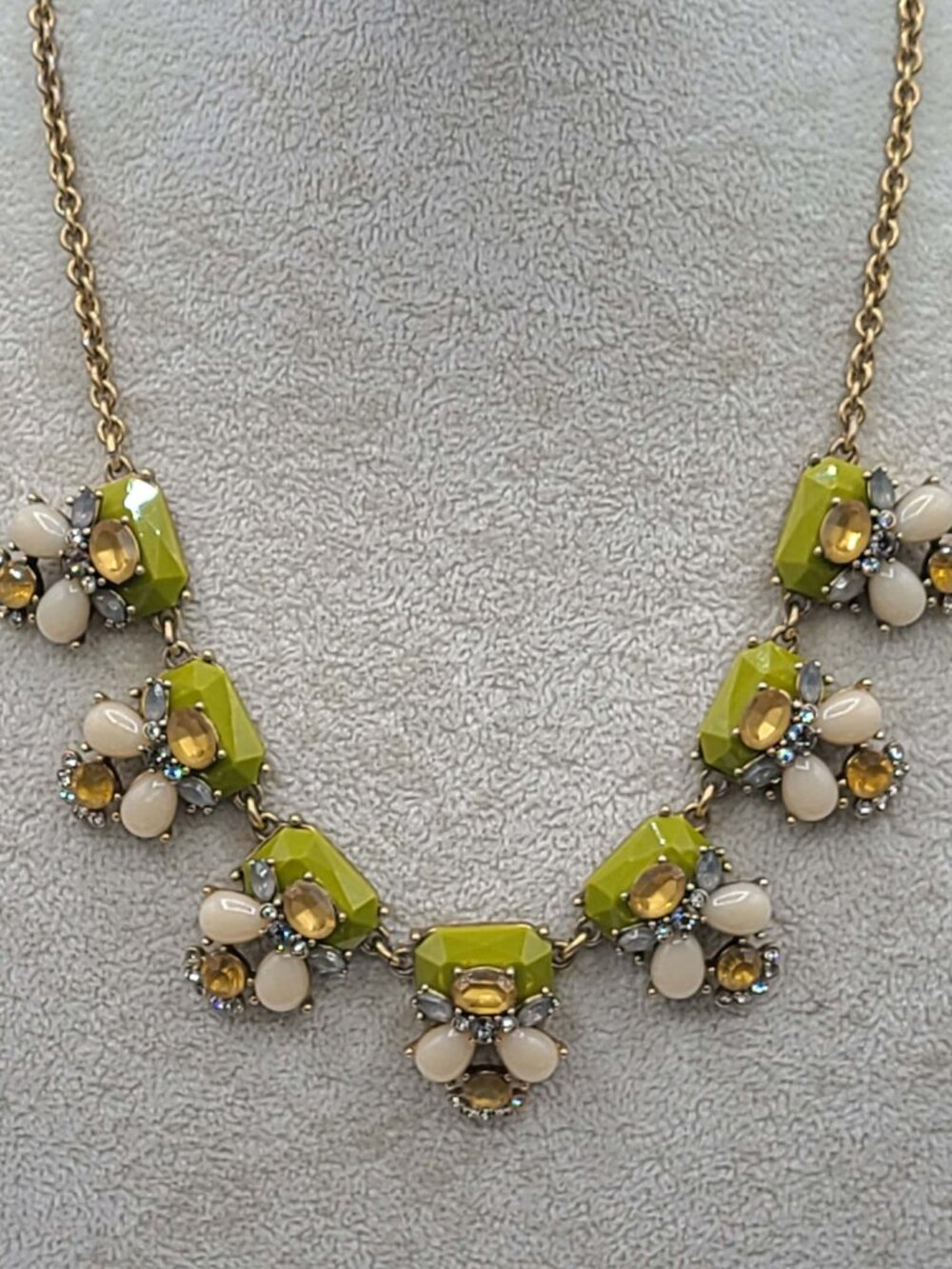 J Crew Olive Green Gold Resin Crystal Gold Tone Necklace
